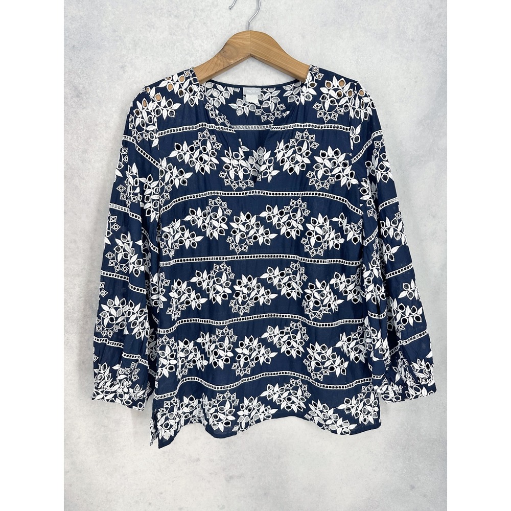 Chico's Size 2 Navy White Floral Eyelet Embroidered Split Neck Blouse Size Large